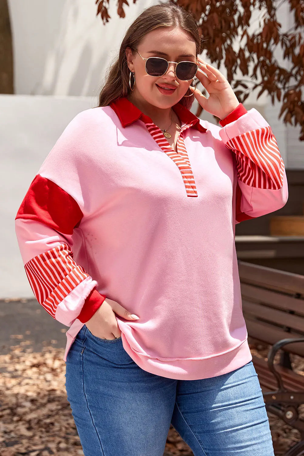 Plus Size Color Block Johnny Collar Long Sleeve Sweatshirt