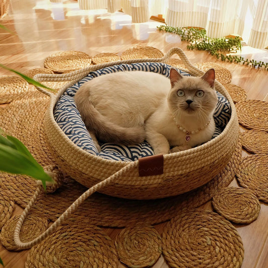 OUZEY 2024 New Rattan Woven Cat Bed