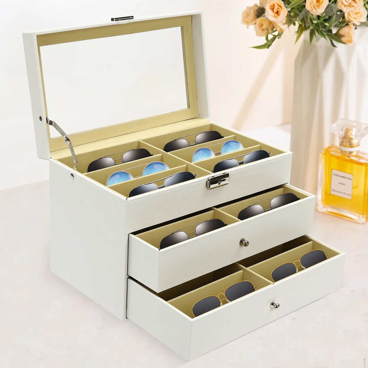 3-Tiers Sunglasses Organizer Collector - 18/24 Slots Eyeglasses Sunglass Glasses Storage Box, Eyeglasses Eyewear Display Case