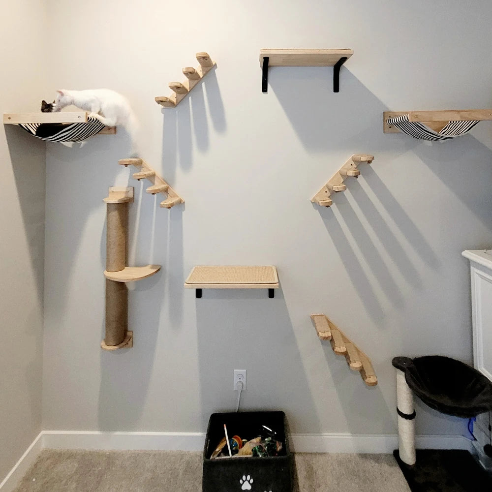 Cat Tree Cat Wall Mounted Climbing Wooden Shelves Posts Ladders with Hammock