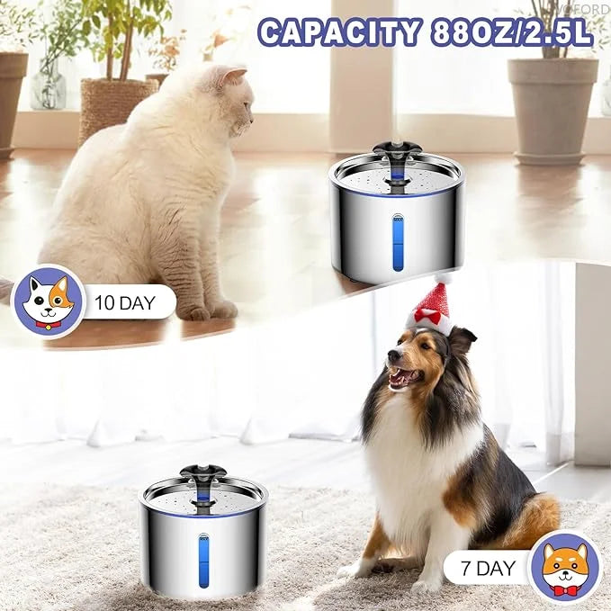 Pet Water Fountain 304 Stainless Steel Automatic 2.5L Smart Water Dispenser with Transparent Window