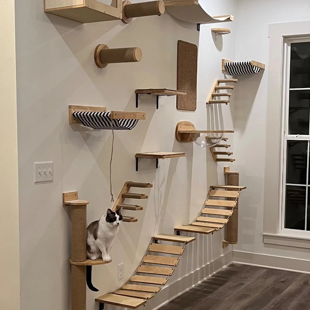 Cat Tree Cat Wall Mounted Climbing Wooden Shelves Posts Ladders with Hammock