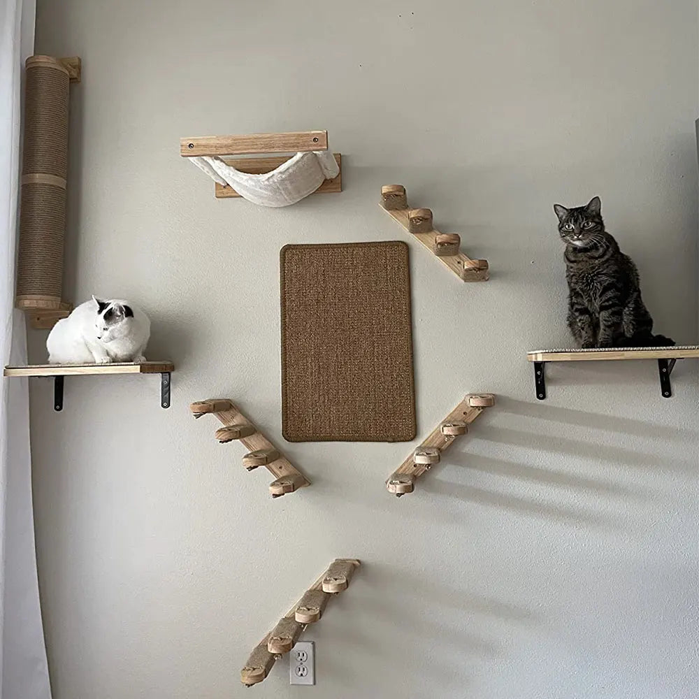 Cat Tree Cat Wall Mounted Climbing Wooden Shelves Posts Ladders with Hammock