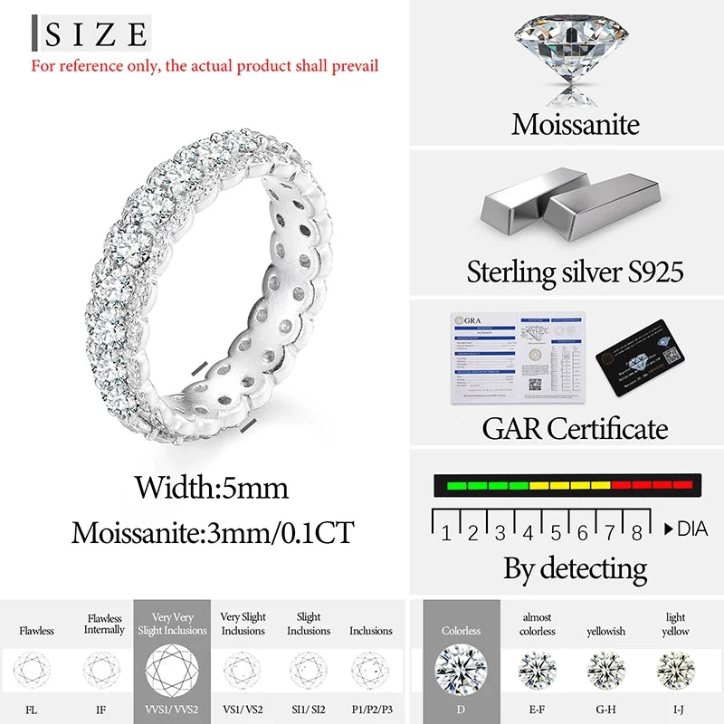 3 Rows 3mm Moissanite Classic Women Ring 925 Silver For Women Moissanite VVS1 D Color With Gra Certificate Pass Diamond Tester