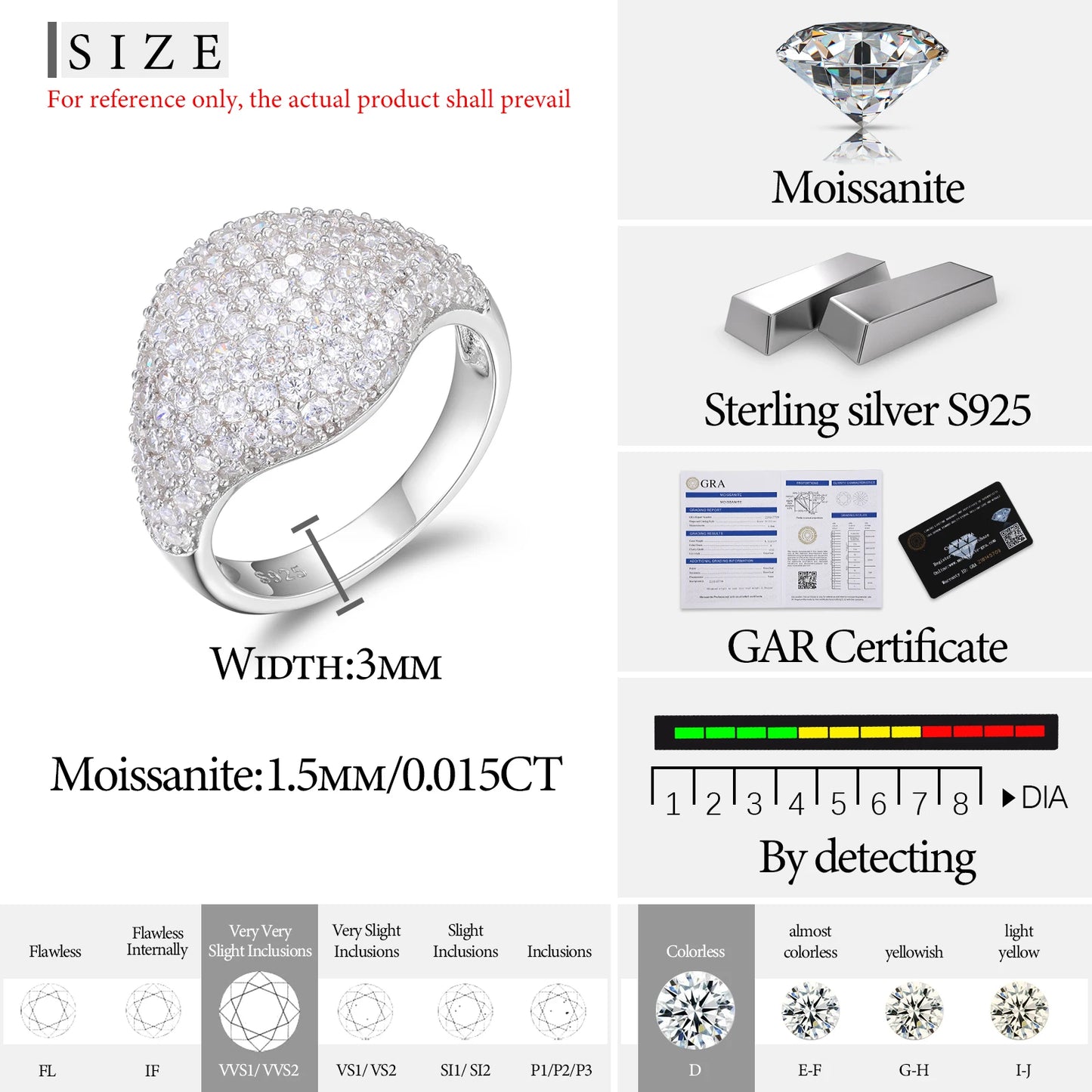 3 Rows 3mm Moissanite Classic Women Ring 925 Silver For Women Moissanite VVS1 D Color With Gra Certificate Pass Diamond Tester