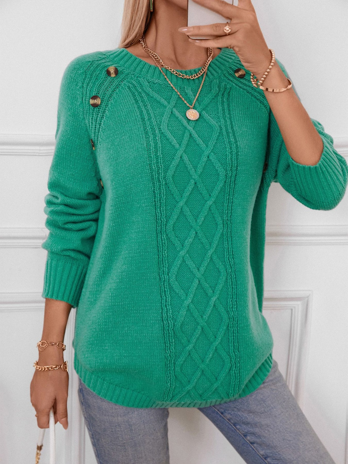 Decorative Button Round Neck Raglan Sleeve Sweater