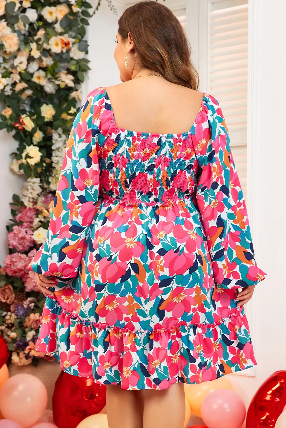 Plus Size Smocked Floral Square Neck Balloon Sleeve Dress